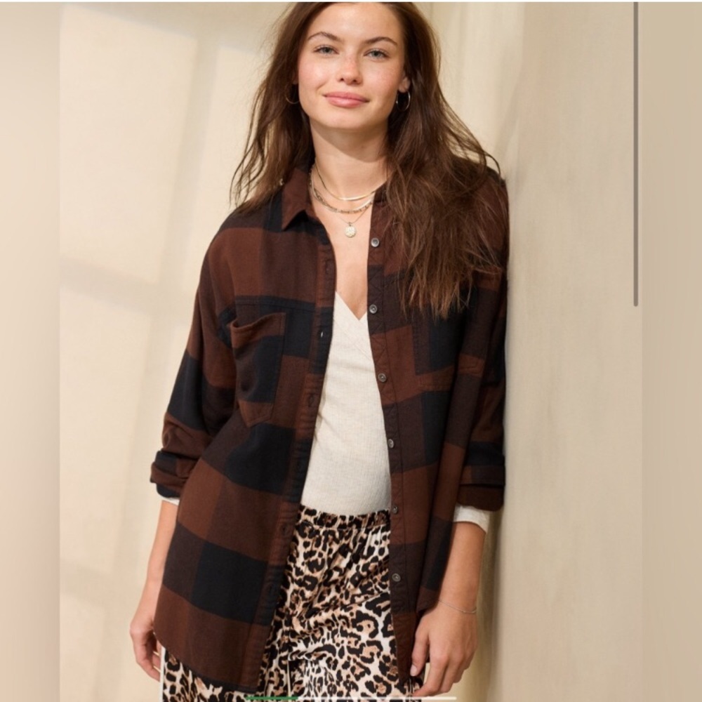 Aerie Anytime Fave Flannel Shirt Canyon Sun Buffalo Plaid XS